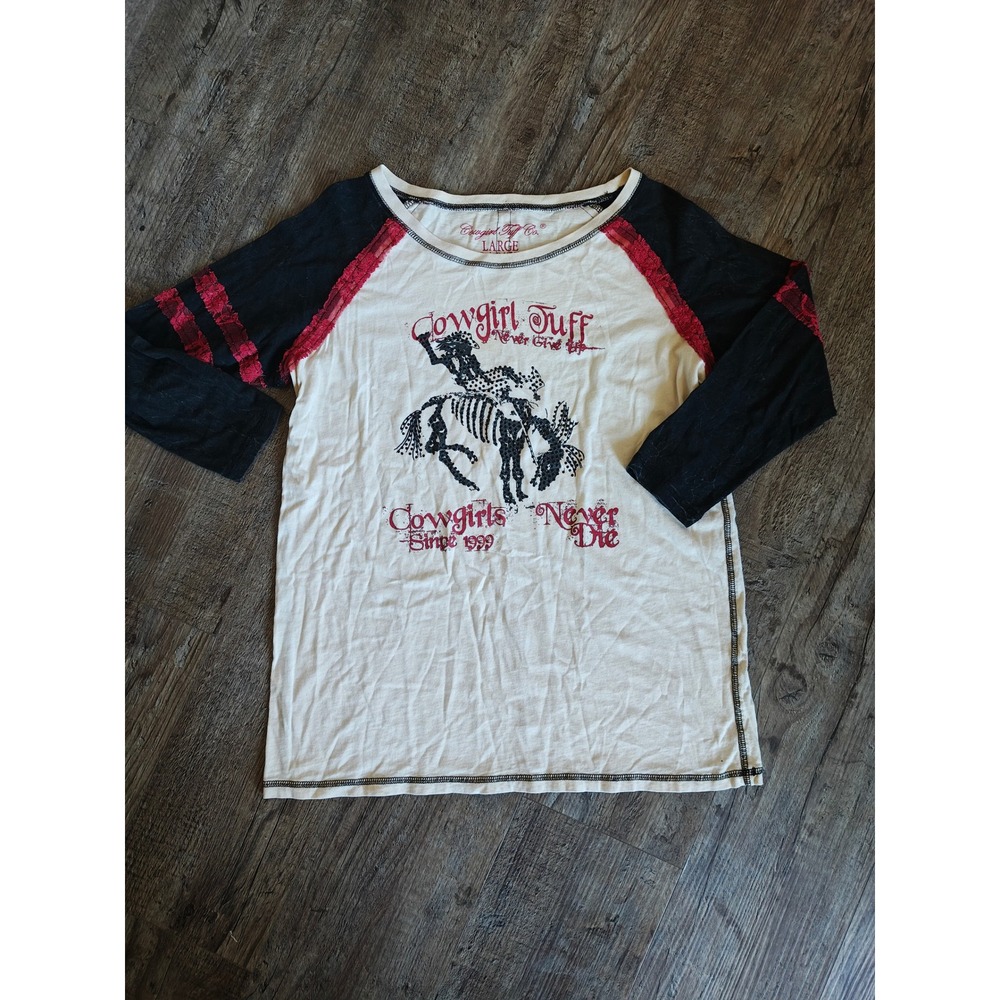Cowgirl Tuff Co Womens Skeleton Horse Raglan Tee Red Lace Trim Large